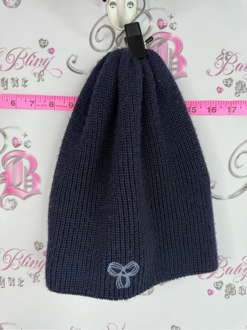 TNA BEANIE KNIT hat winter Navy Knit Beanie with Whimsical Embroidery blur
